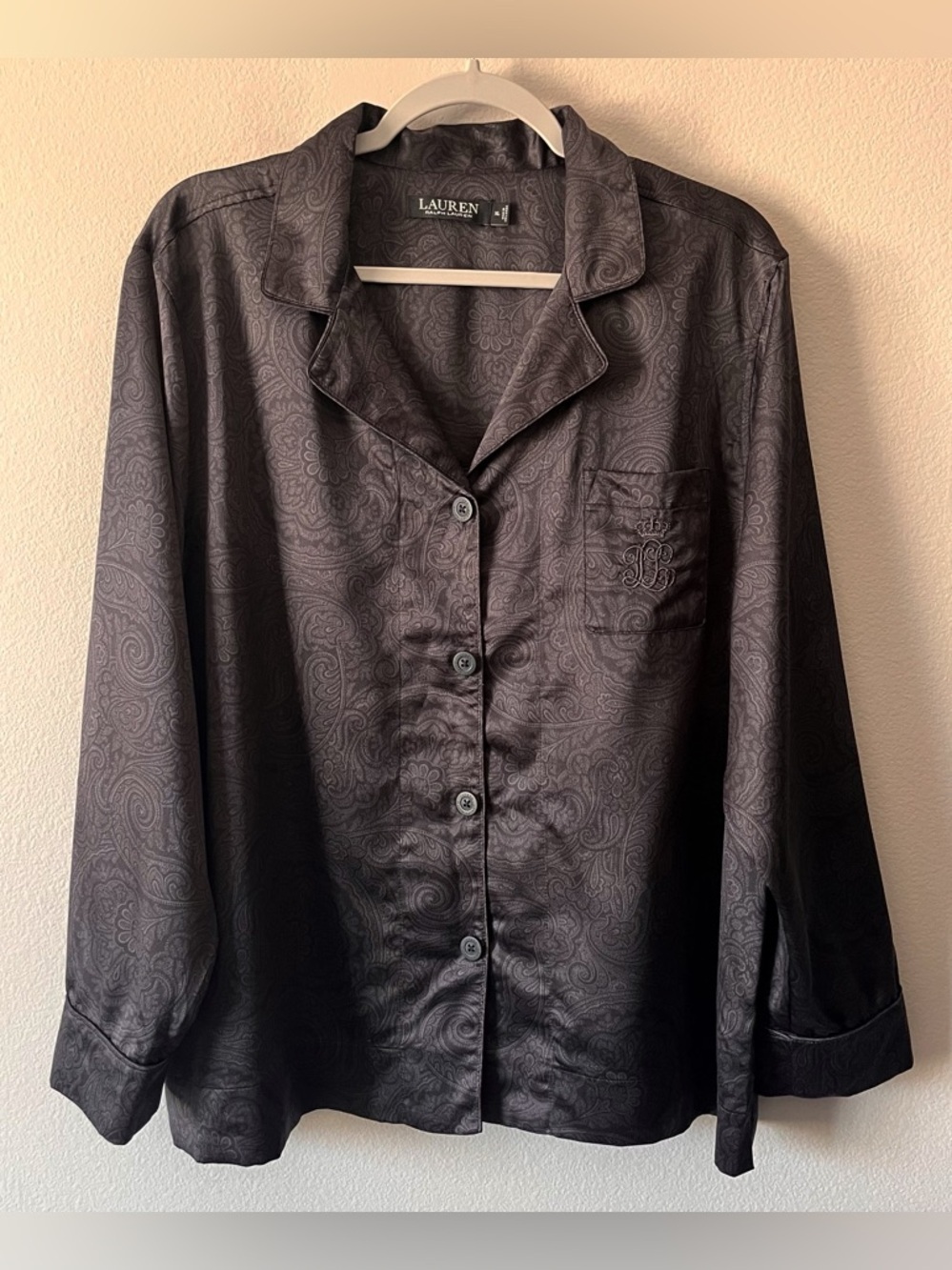 Lauren Ralph Lauren Women's Size XXL Black Satin Paisley Print Pajama Shirt